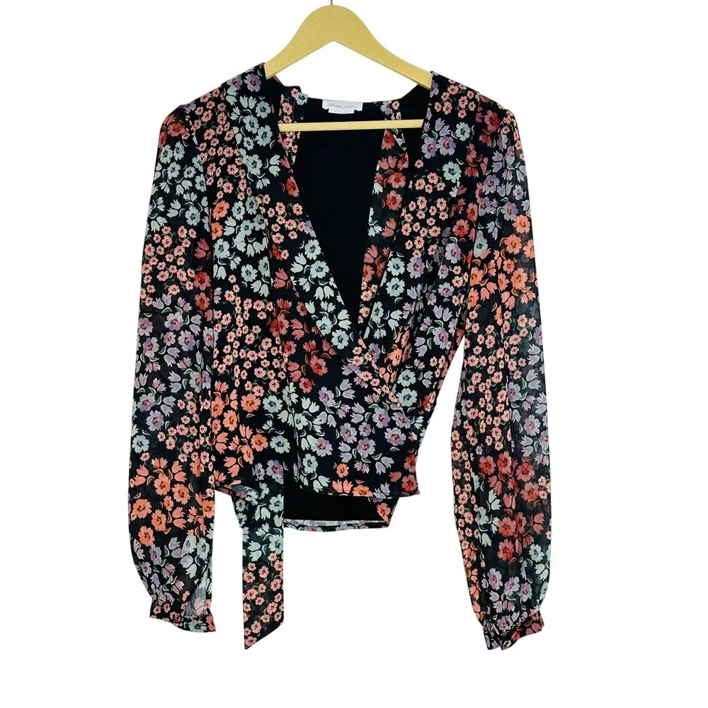 Lovers + Friends Michaela Top Women XS Black Floral Wrap V-Neck Long Sleeve